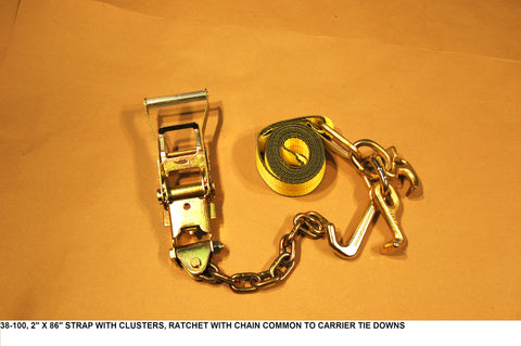2" X 86" Strap W/Clusters, Ratchet W/Chain Common To Carrier Tie Downs 4 Point/Corner